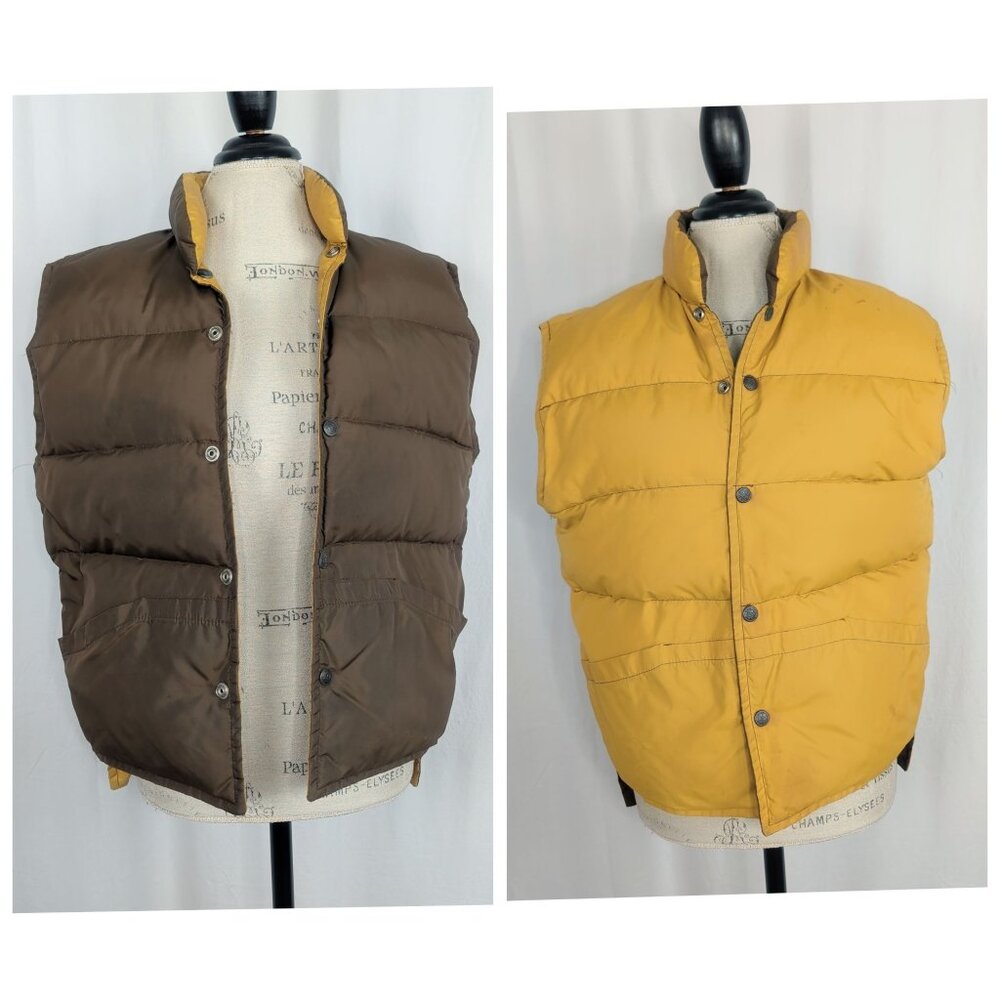 Vintage Stearns Puffer Vest Reversible Brown Yellow Goose Down Insulated
